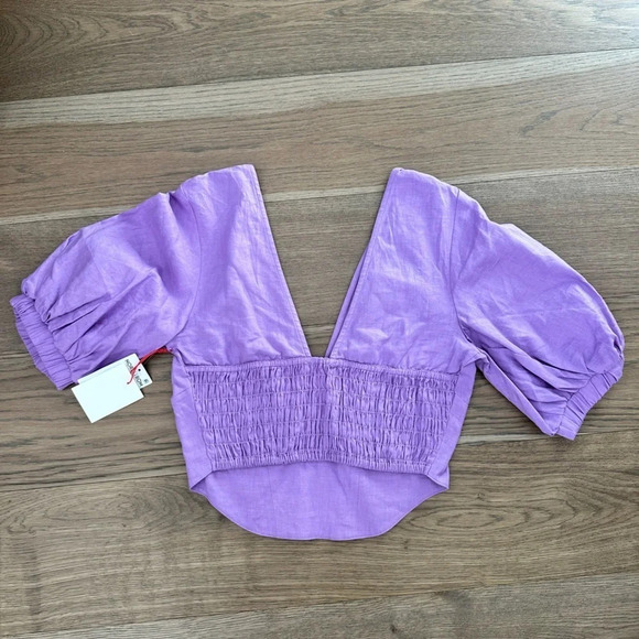 Open Edit V‎ Neck Linen Crop top- small Purple Lavender - Picture 2 of 5